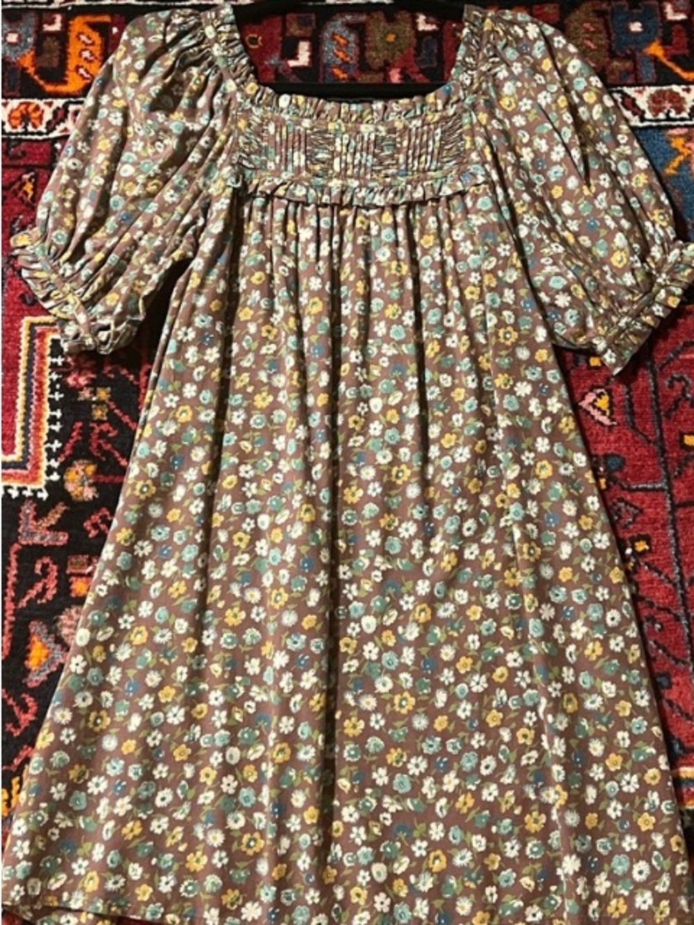 Doen Brown Floral Smocked Puff-Sleeve Dress